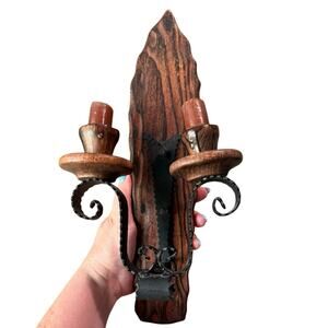 Mid Century Spanish Revival Iron & Wood Wall Sconce • Double Candle • 14”